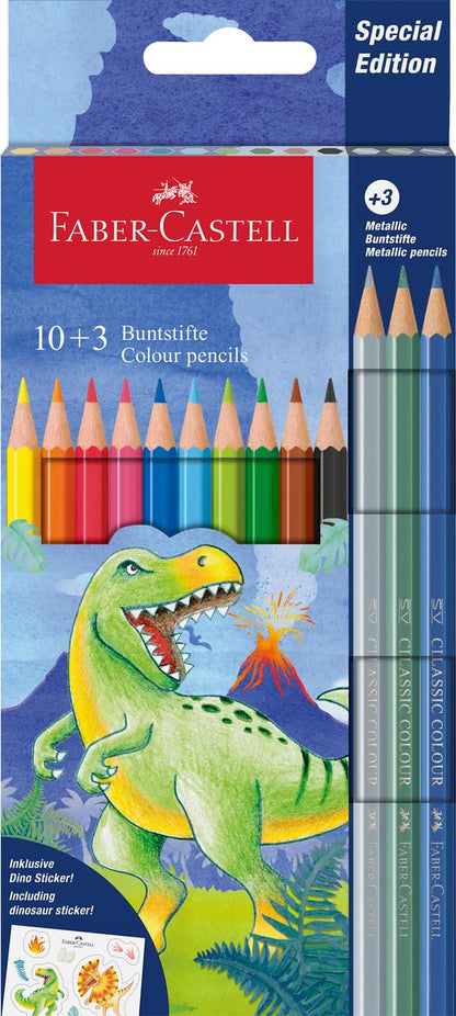 Faber-Castell 111213 – Cardboard Case with 13 Coloured Pencils – 10 Classic Colours + 3 Metallic – Dinosaur Edition