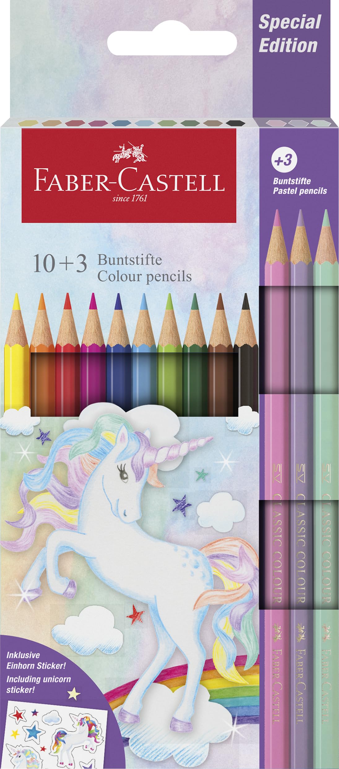 Faber-Castell 10 Colour Pencils + 3 Pastel - Includes Unicorn Sticker