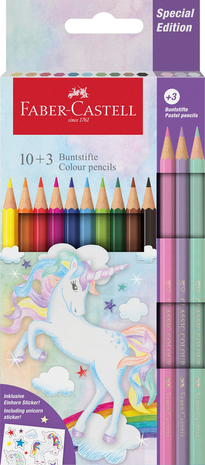 Faber-Castell 10 Colour Pencils + 3 Pastel - Includes Unicorn Sticker