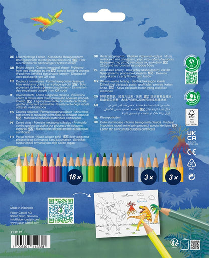 Faber-Castell 111222 – Cardboard Case with 24 Coloured Pencils – 18 Classic Colours + 3 Neon + 3 Metallic – Dinosaur Edition