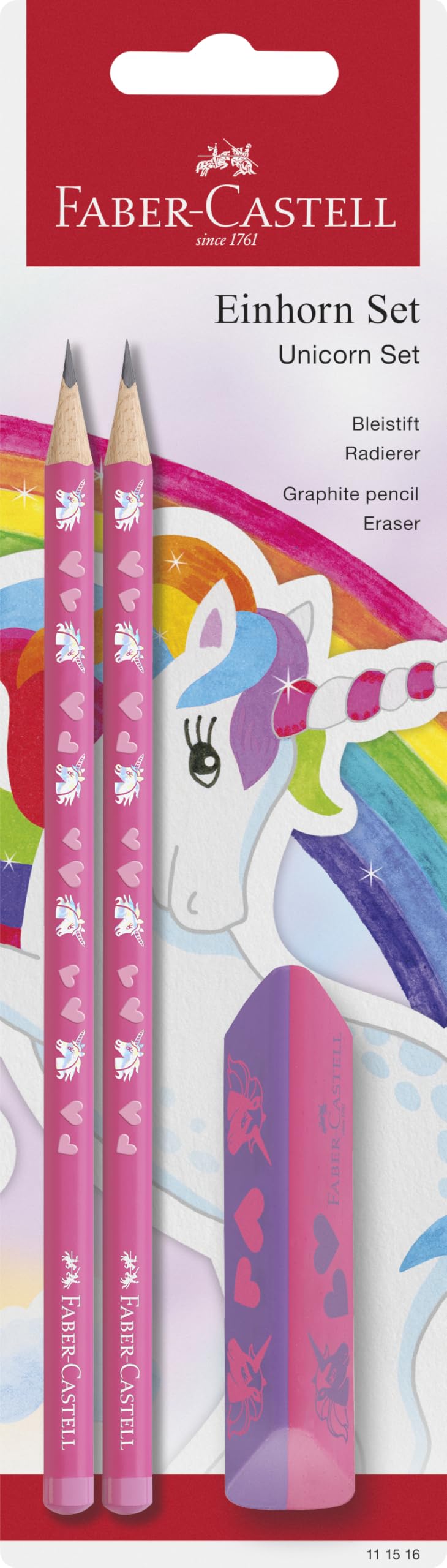 Faber-Castell 111516 - Unicorn writing set with HB pencils and eraser, school set for children