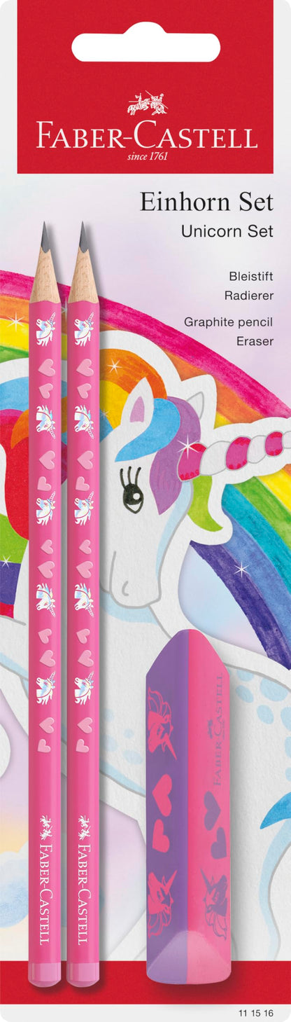 Faber-Castell 111516 - Unicorn writing set with HB pencils and eraser, school set for children