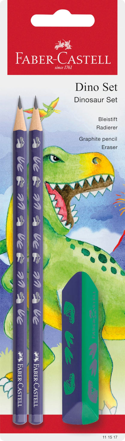 Faber-Castell 111517 - Writing set Dino with HB pencils and eraser, school set for children