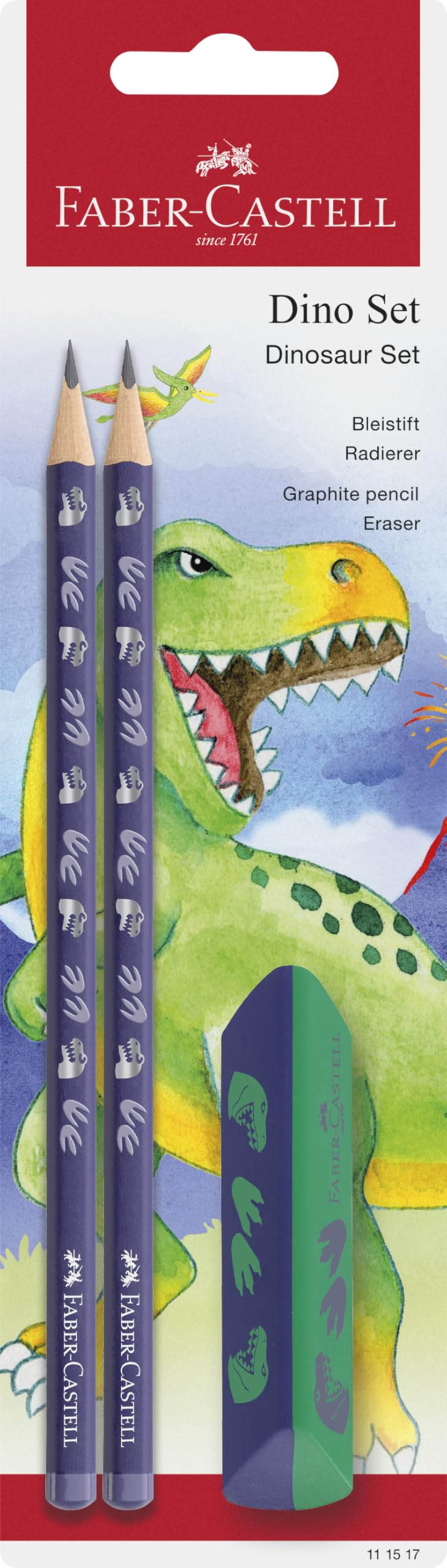 Faber-Castell 111517 - Writing set Dino with HB pencils and eraser, school set for children