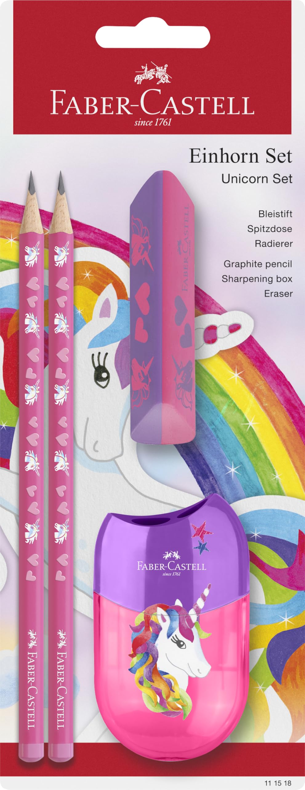 FABER-CASTELL 111518 - Unicorn writing set with HB pencils, sharpener and eraser, school set for children