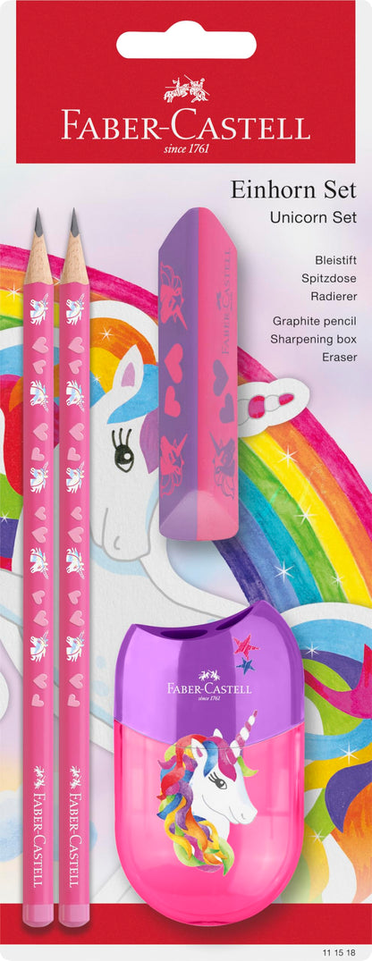 FABER-CASTELL 111518 - Unicorn writing set with HB pencils, sharpener and eraser, school set for children