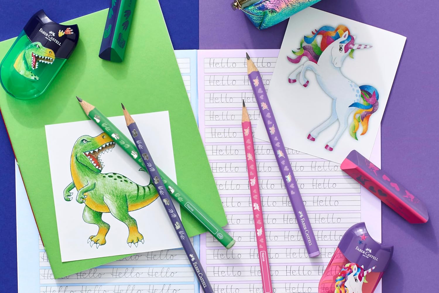 FABER-CASTELL 111518 - Unicorn writing set with HB pencils, sharpener and eraser, school set for children