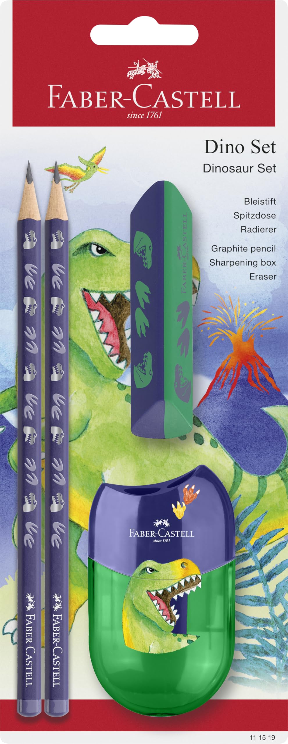 Faber-Castell 111519 - Writing Set Dino with HB Pencils, Pencil Sharpener and Eraser, School Set for Children