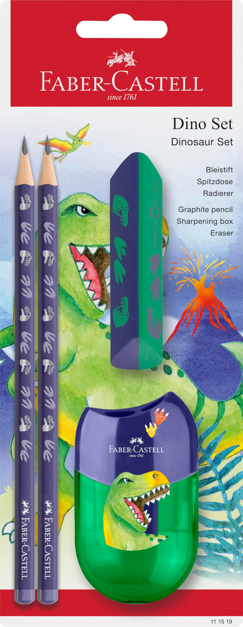 Faber-Castell 111519 - Writing Set Dino with HB Pencils, Pencil Sharpener and Eraser, School Set for Children