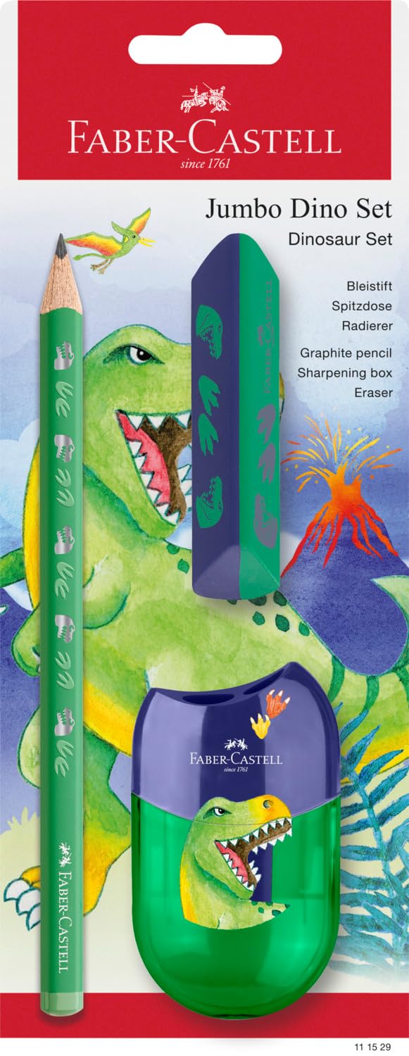 Faber-Castell 111529 - Writing set Dino with jumbo pencil, sharpener and eraser, school set for children