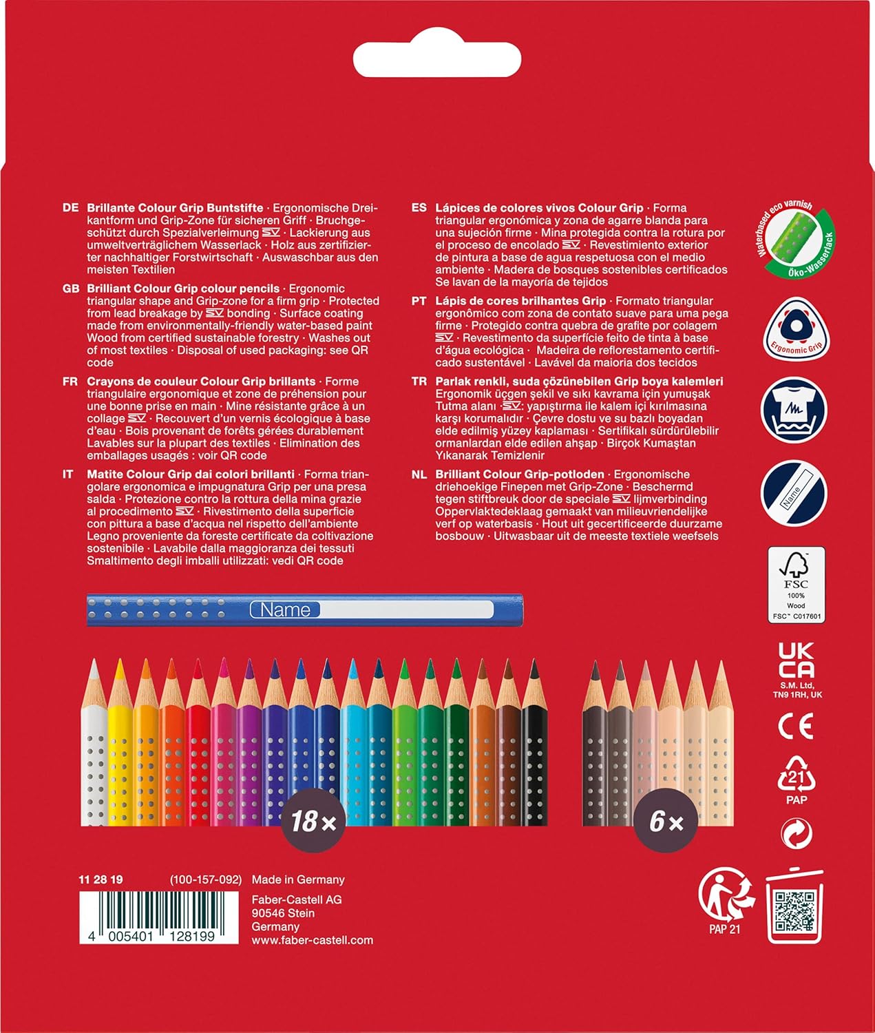 Faber-Castell 112819 - Juego de lápices de color Colour Grip, 24 piezas, incl. 6 lápices de color piel