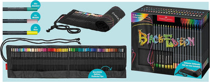 FABER-CASTELL 116418 Colouring Pencils Set with Pen Roll, 72 Black Edition Colouring Pencils, Includes Metallic and Neon Colours