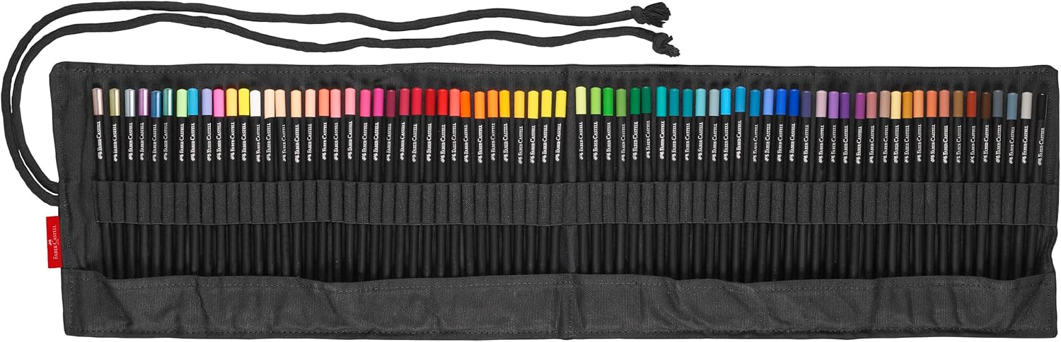 FABER-CASTELL 116418 Colouring Pencils Set with Pen Roll, 72 Black Edition Colouring Pencils, Includes Metallic and Neon Colours