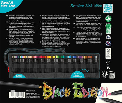 FABER-CASTELL 116418 Colouring Pencils Set with Pen Roll, 72 Black Edition Colouring Pencils, Includes Metallic and Neon Colours