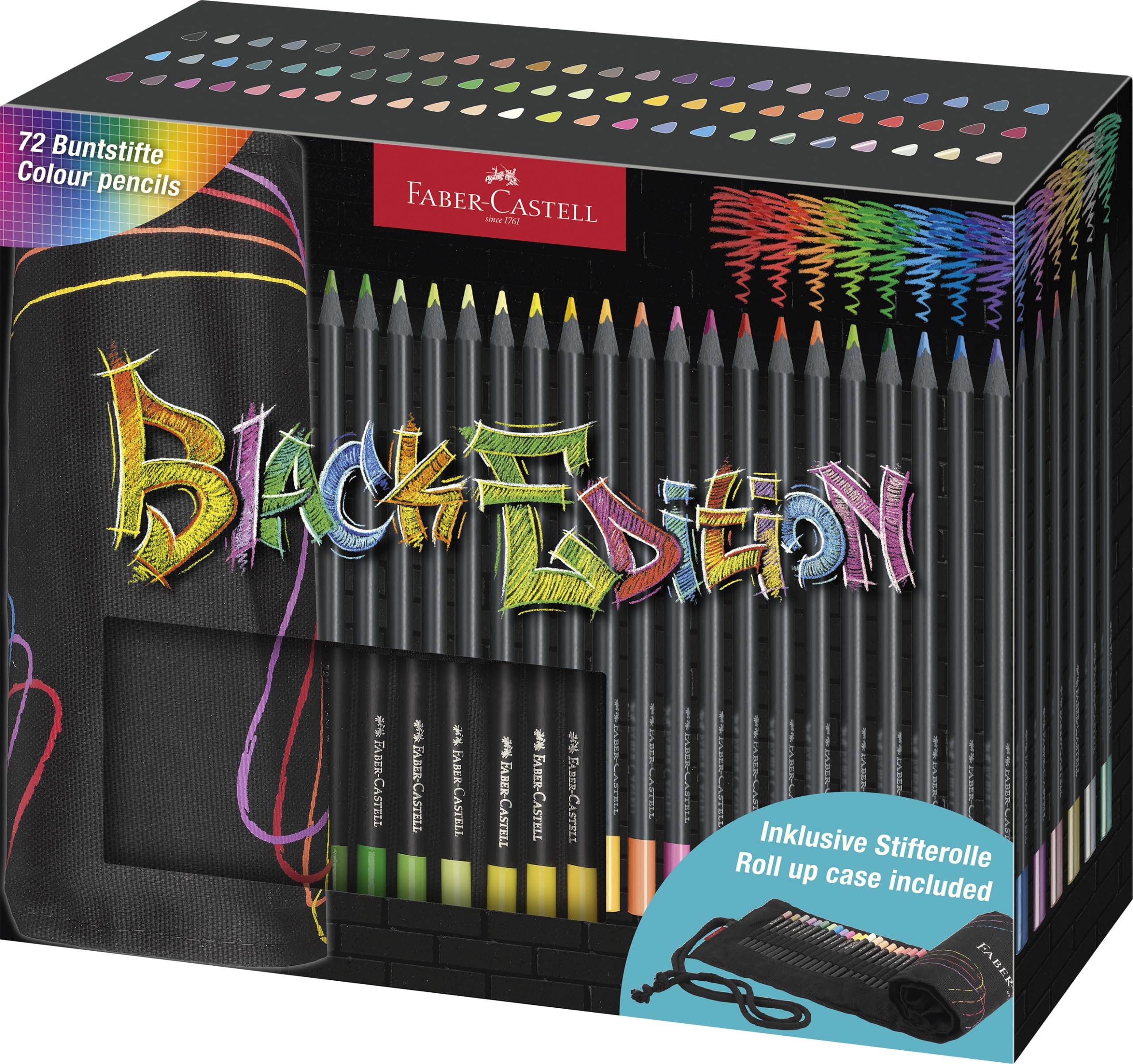 FABER-CASTELL 116418 Colouring Pencils Set with Pen Roll, 72 Black Edition Colouring Pencils, Includes Metallic and Neon Colours