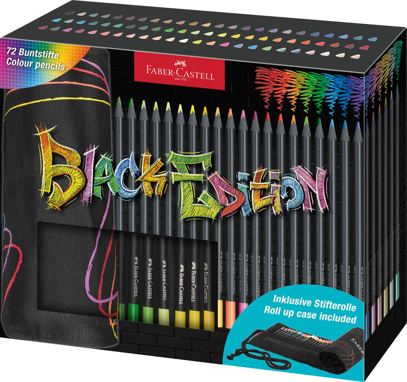 FABER-CASTELL 116418 Colouring Pencils Set with Pen Roll, 72 Black Edition Colouring Pencils, Includes Metallic and Neon Colours