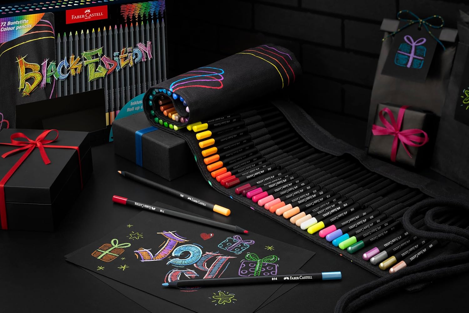 FABER-CASTELL 116418 Colouring Pencils Set with Pen Roll, 72 Black Edition Colouring Pencils, Includes Metallic and Neon Colours