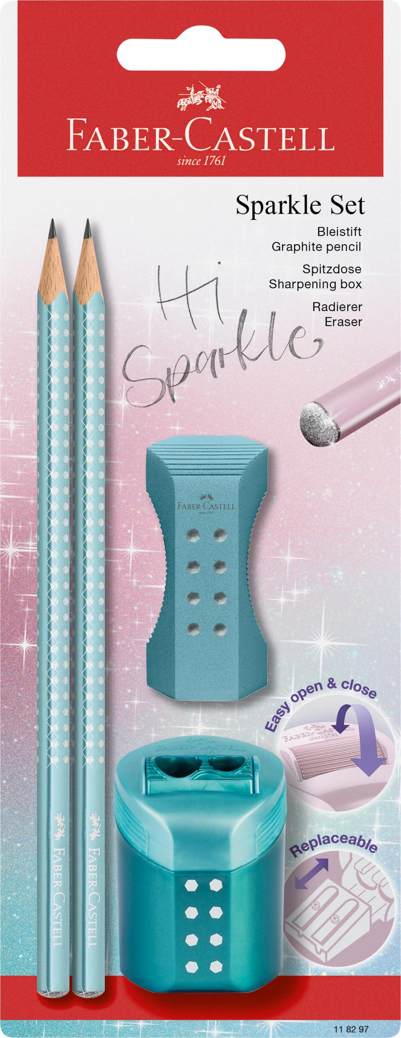 Faber-Castell Sparkle 118297 Pencil Set with Sharpener, Eraser and 2 Pencils, Writing Set Ocean Metallic