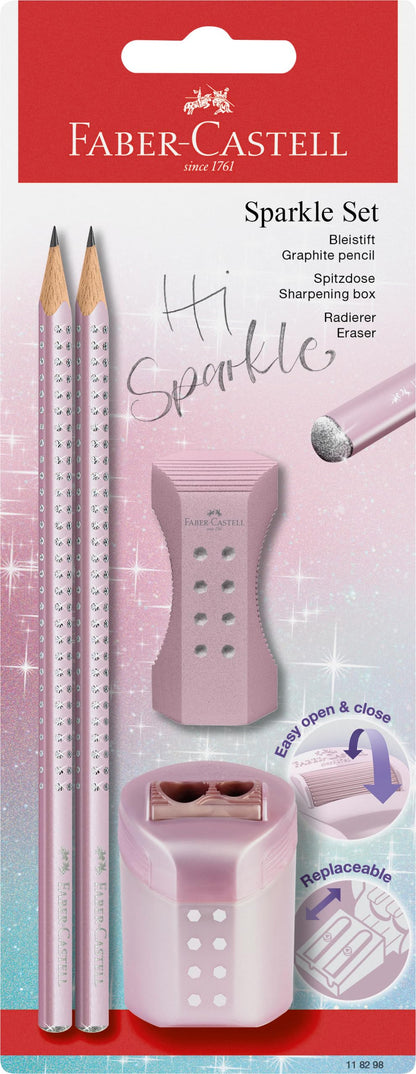 Faber-Castell 118298 – Juego de lápices Sparkle, con sacapuntas, goma de borrar y 2 lápices, set de escritura rosa metalizada