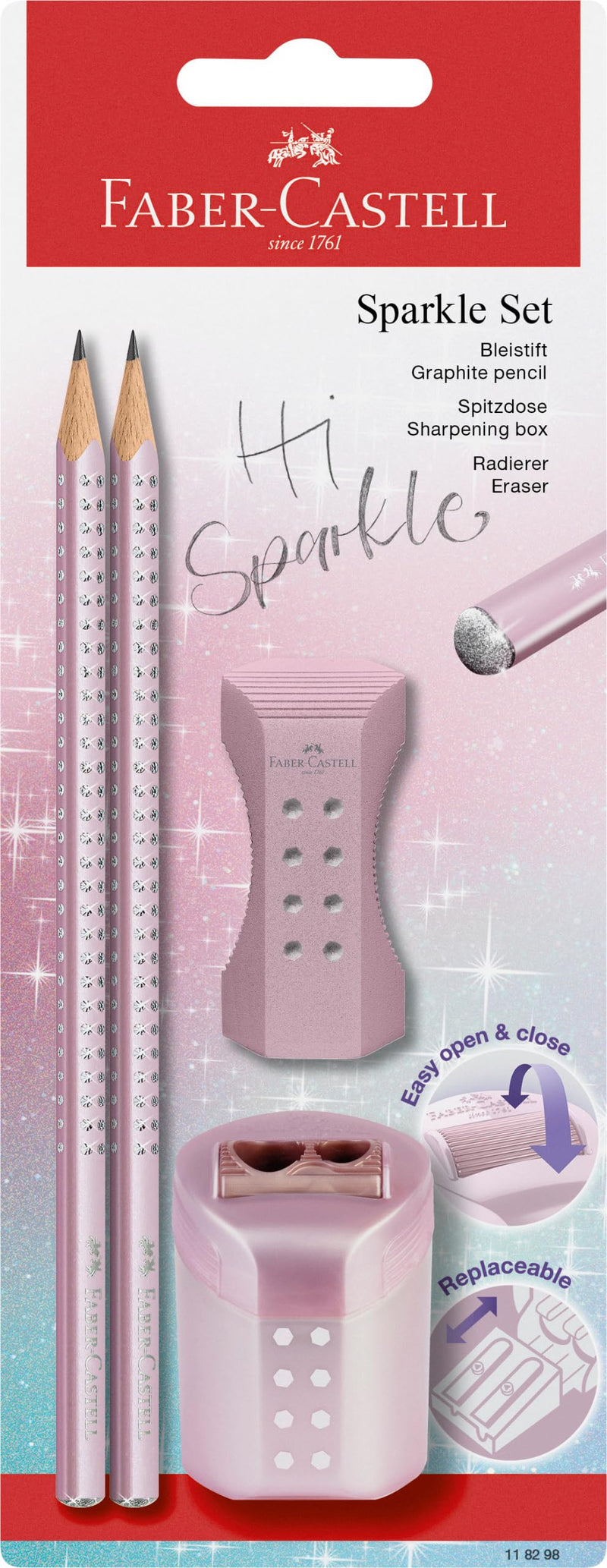 Faber-Castell 118298 – Juego de lápices Sparkle, con sacapuntas, goma de borrar y 2 lápices, set de escritura rosa metalizada
