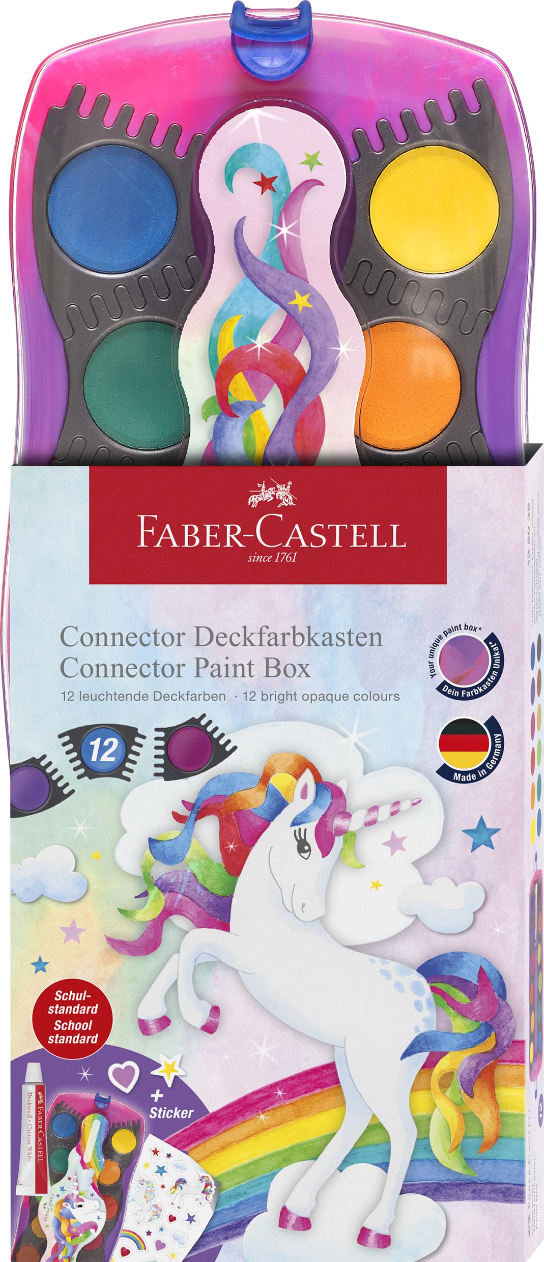FABER-CASTELL 125035 - Wasserfarbkasten Connector Einhorn mit 12 Farben inkl. Deckweiß Tube und Aufkleber