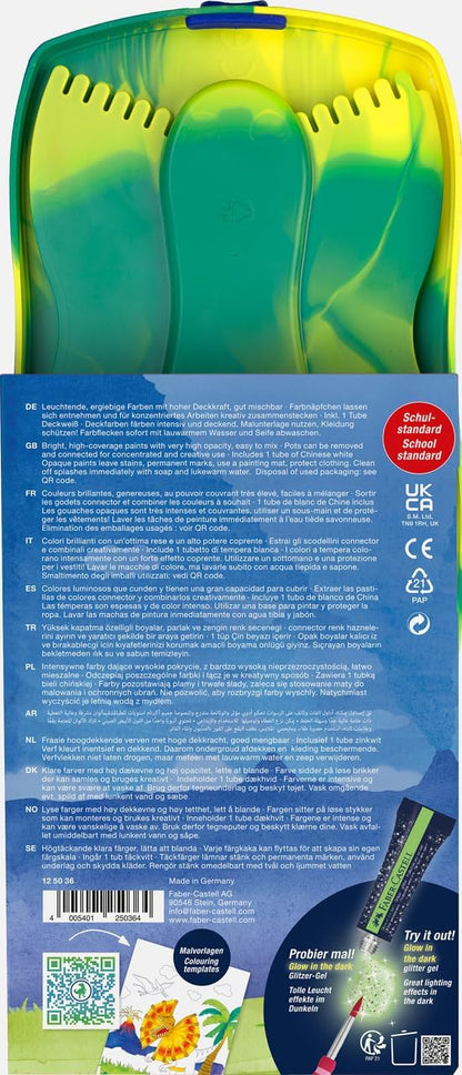 Faber-Castell 125036 Dino Connector Watercolour Box with 12 Colours Including Opaque White Tube and Sticker