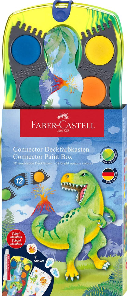 Faber-Castell 125036 Dino Connector Watercolour Box with 12 Colours Including Opaque White Tube and Sticker