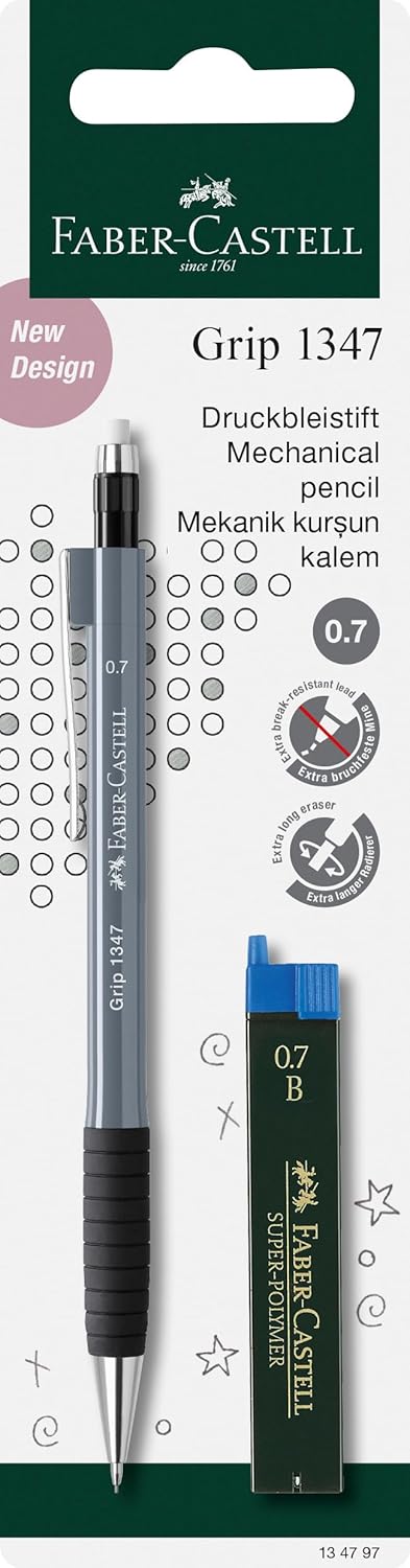 Faber Castell Grip 1347 Mechanical Pencil B Lead with 12 Spare Leads, Matching body color (No Color choice possible