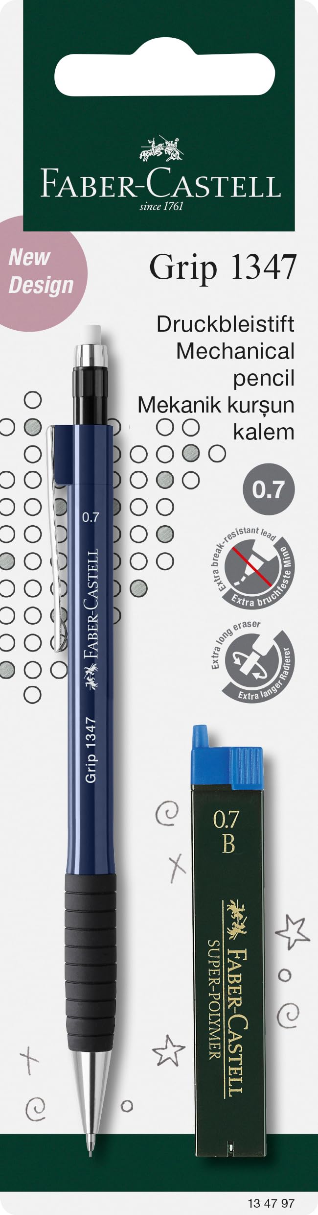Faber Castell Grip 1347 Mechanical Pencil B Lead with 12 Spare Leads, Matching body color (No Color choice possible