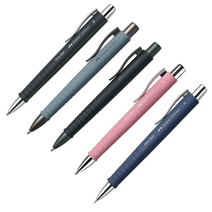 Faber-Castell - Ballpoint Pen Poly Ball XB Set of 5 Black, Rose, Stone Grey, All Black and Dark Blue (M) 1 Each with Replaceable Refill, Indelible (5 Pieces, Colourful)