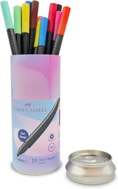 Faber-Castell Grip Fine Pen 0.4Mm 15 Color In A Round Tin, Brilliant colours,Washes out of most fabrics,Suitable for right- and left-handers, 151617