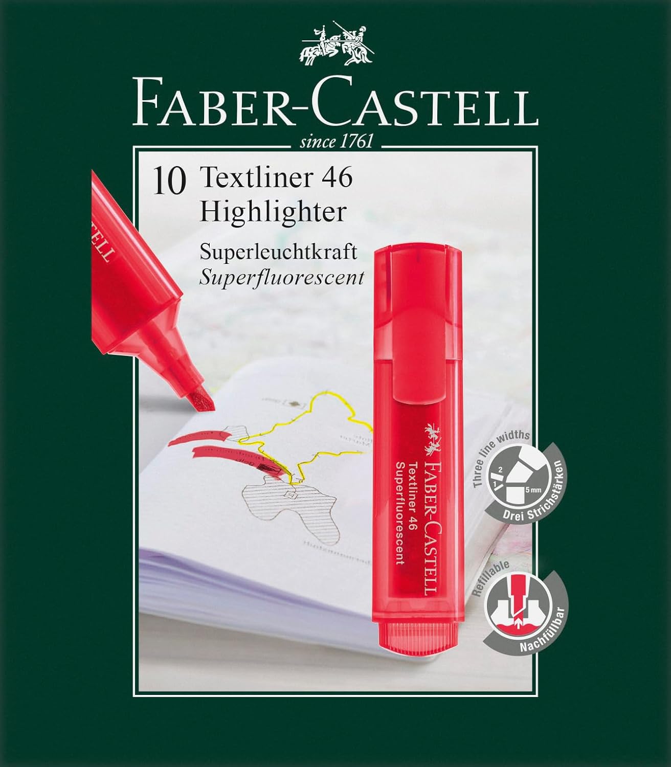 Faber-Castell 154621 - Caja con 10 Marcadores Fluorescentes Textliner 46 - Rojo