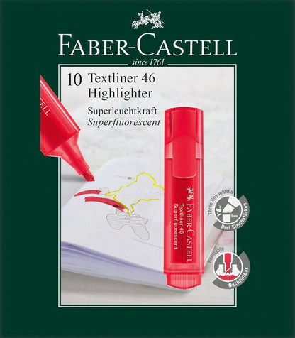 Faber-Castell 154621 - Caja con 10 Marcadores Fluorescentes Textliner 46 - Rojo