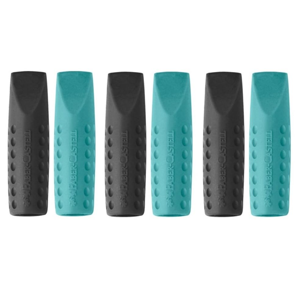 Faber-Castell Grip 2001 Eraser Rubber Pencil Cap - 6-Pack Select Colours (Black, Turquoise, Purple, Pink) (Black + Turquoise