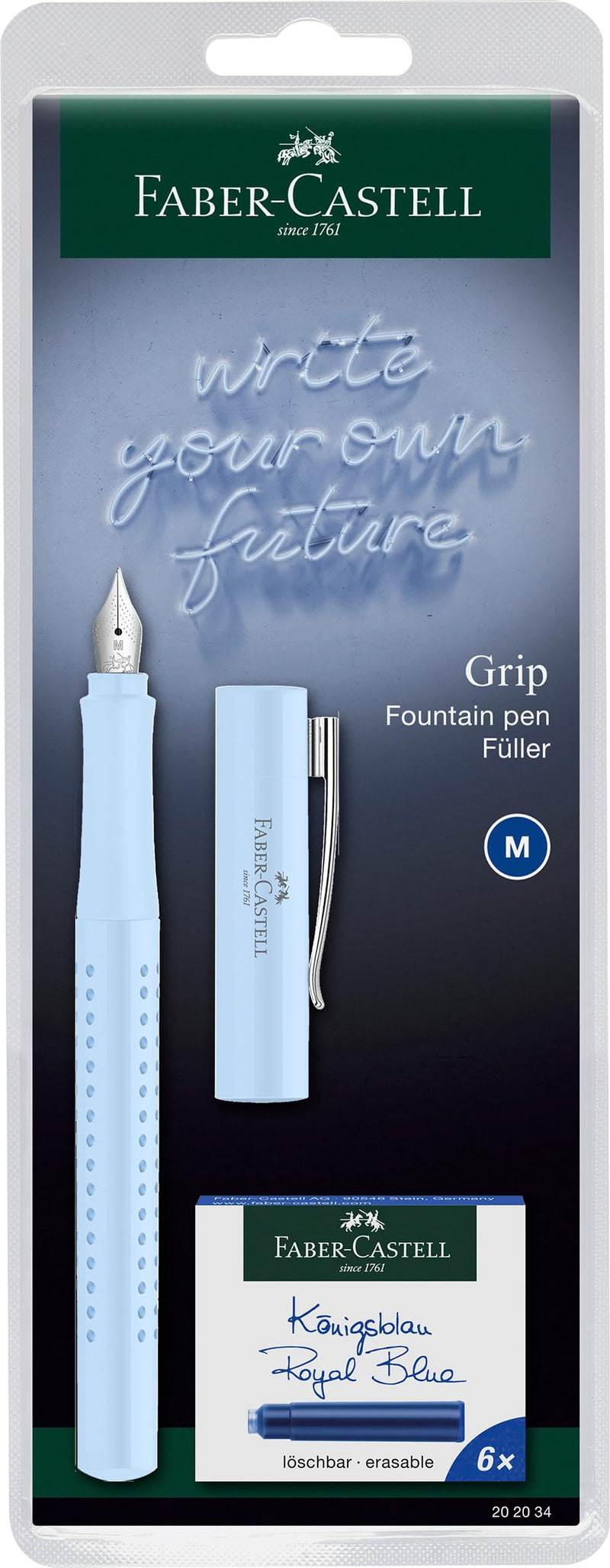 FABER-CASTELL Grip 2010 New Harmony 202034 Fountain Pen Nib Size M with Ink Cartridges Assorted Colours