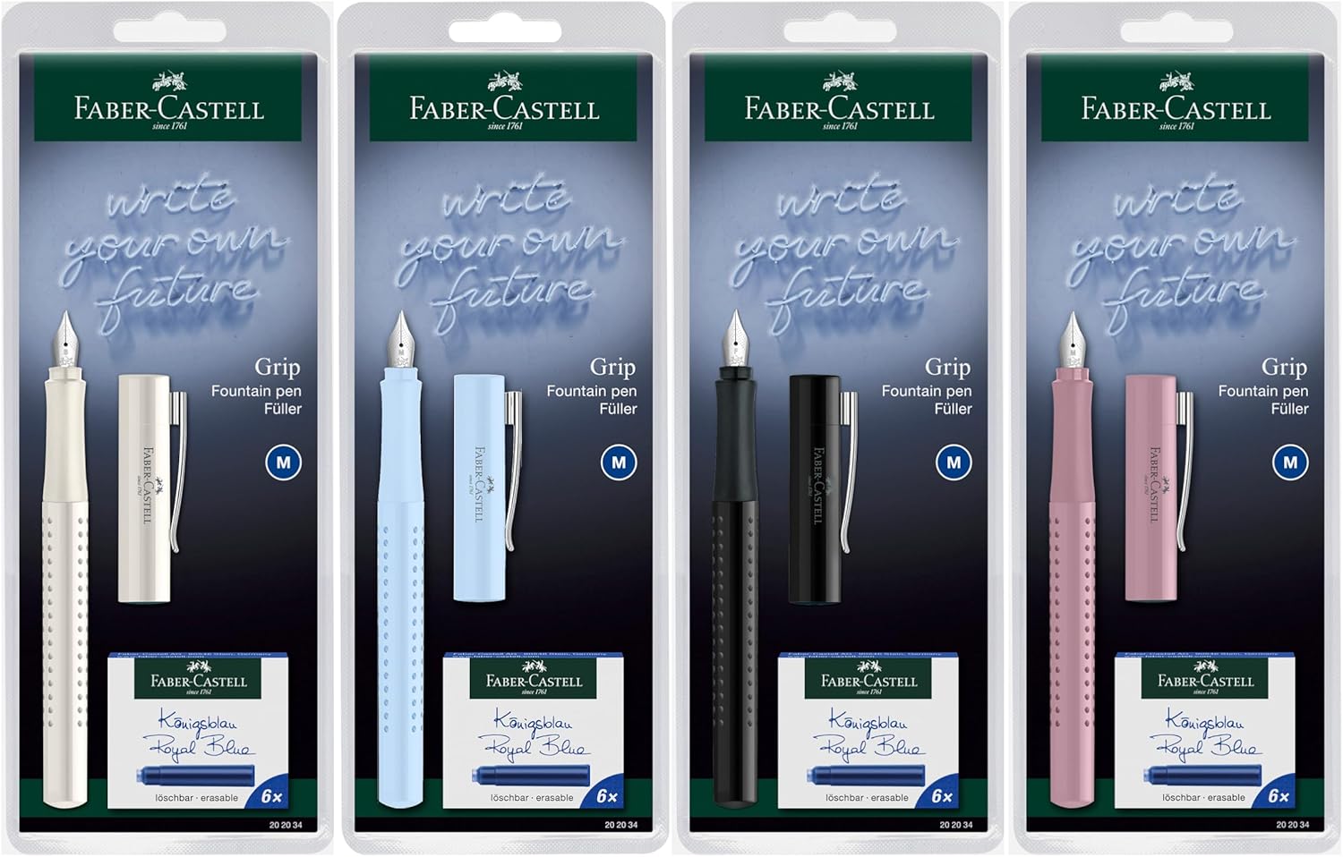 FABER-CASTELL Grip 2010 New Harmony 202034 Fountain Pen Nib Size M with Ink Cartridges Assorted Colours