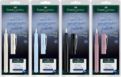 FABER-CASTELL Grip 2010 New Harmony 202034 Fountain Pen Nib Size M with Ink Cartridges Assorted Colours