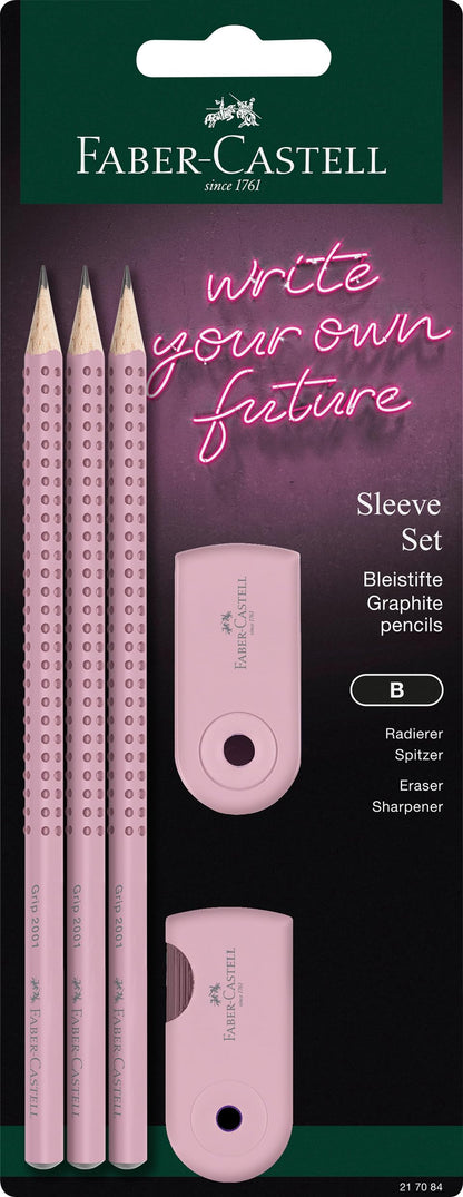 Faber-Castell 217084 - Set di matite Sleeve, con temperino, gomma e 3 matite, Grip 2001 rose shadows