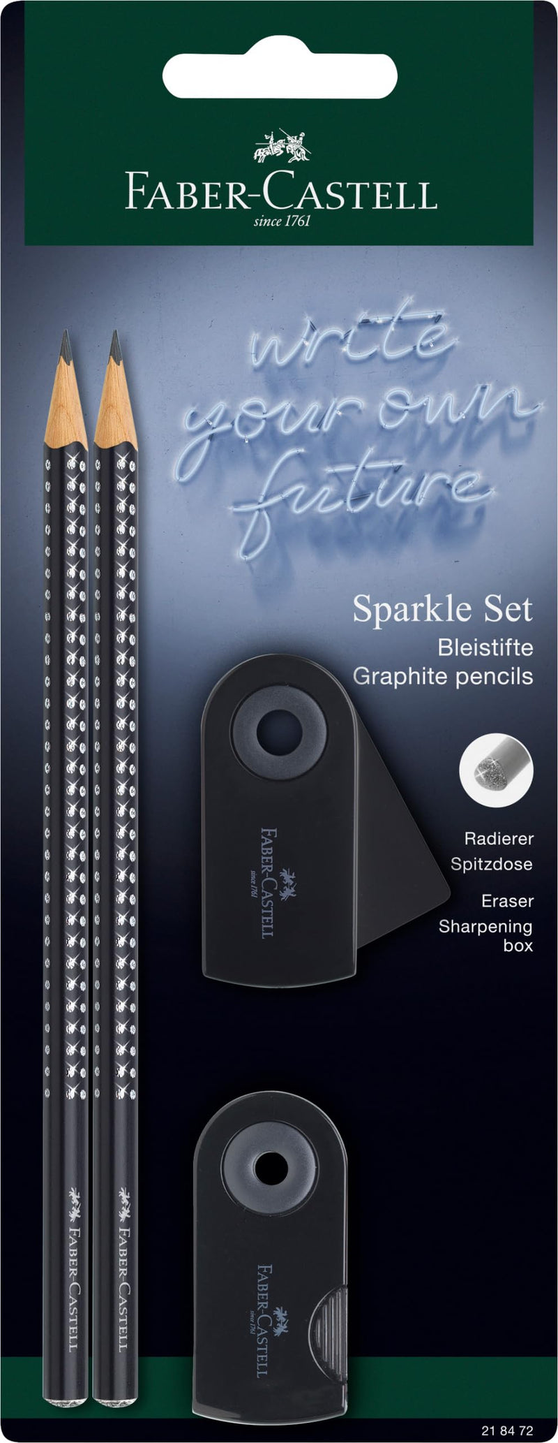 Faber-Castell 218472 - Sparkle Pencil Set with Sharpener, Eraser and 2 Pencils, Writing Set Sleeve in Black