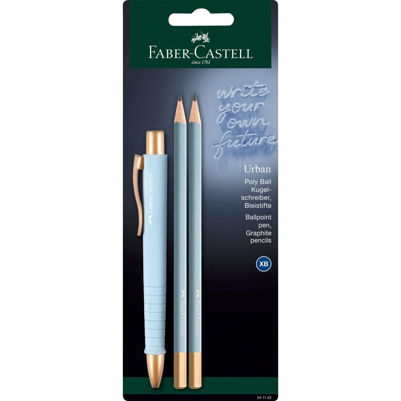 Faber-Castell 241122 – Set de escritura azul cielo con bolígrafo Poly Ball Urban y 2 lápices Urban