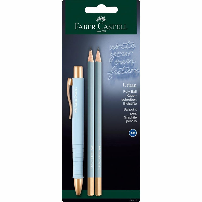 Faber-Castell 241122 – Set de escritura azul cielo con bolígrafo Poly Ball Urban y 2 lápices Urban