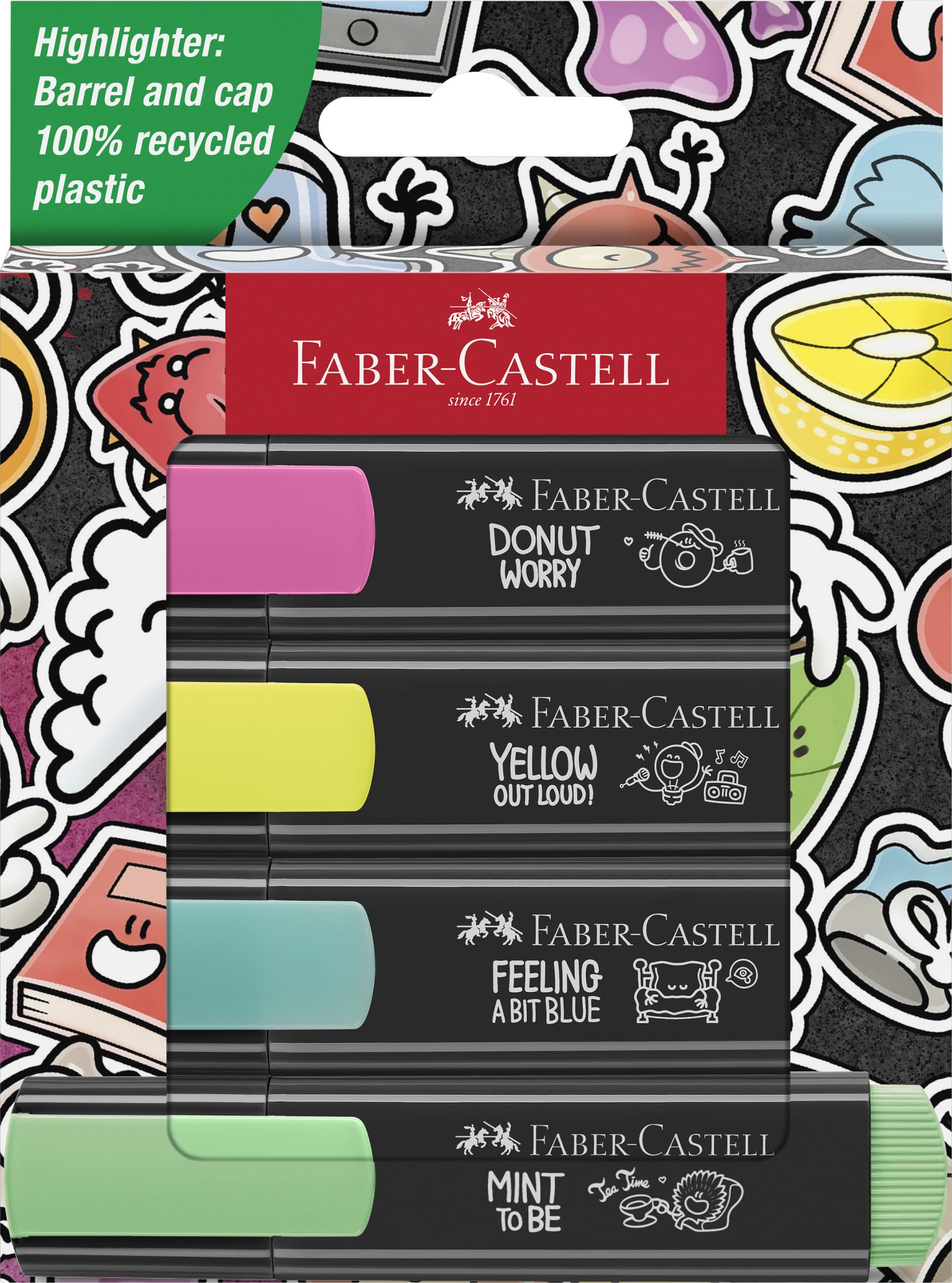 Faber-Castell 254690 Graffiti Neon Highlighter Pens with Precision Chisel Tip, Bright Graffiti Neon Colours, Ergonomic Flat Design Set of 4
