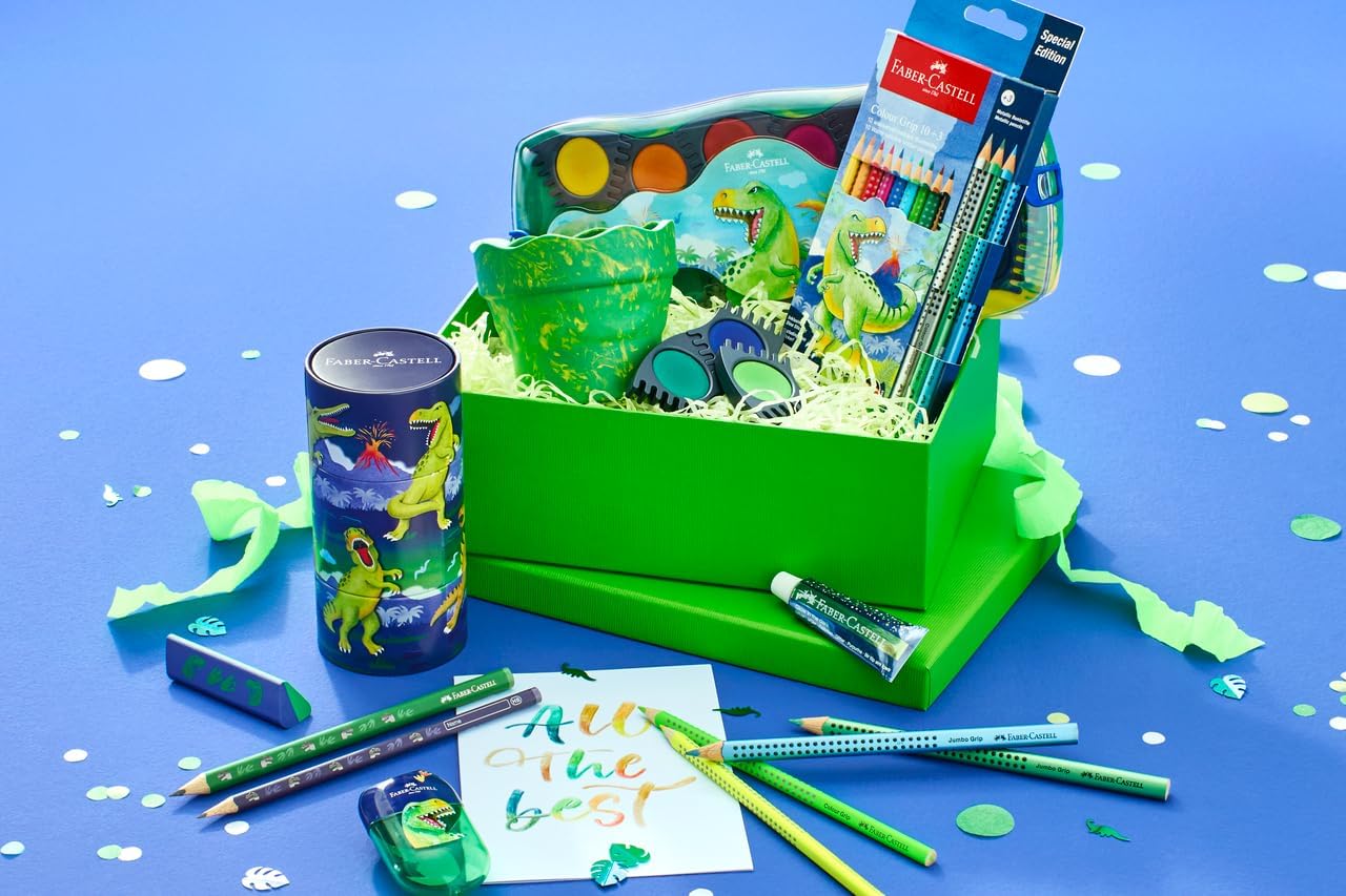 Faber-Castell 554214 – Cardboard Case with 13 Markers – 10 Classic Colours + 3 Metallic – Dinosaur Edition