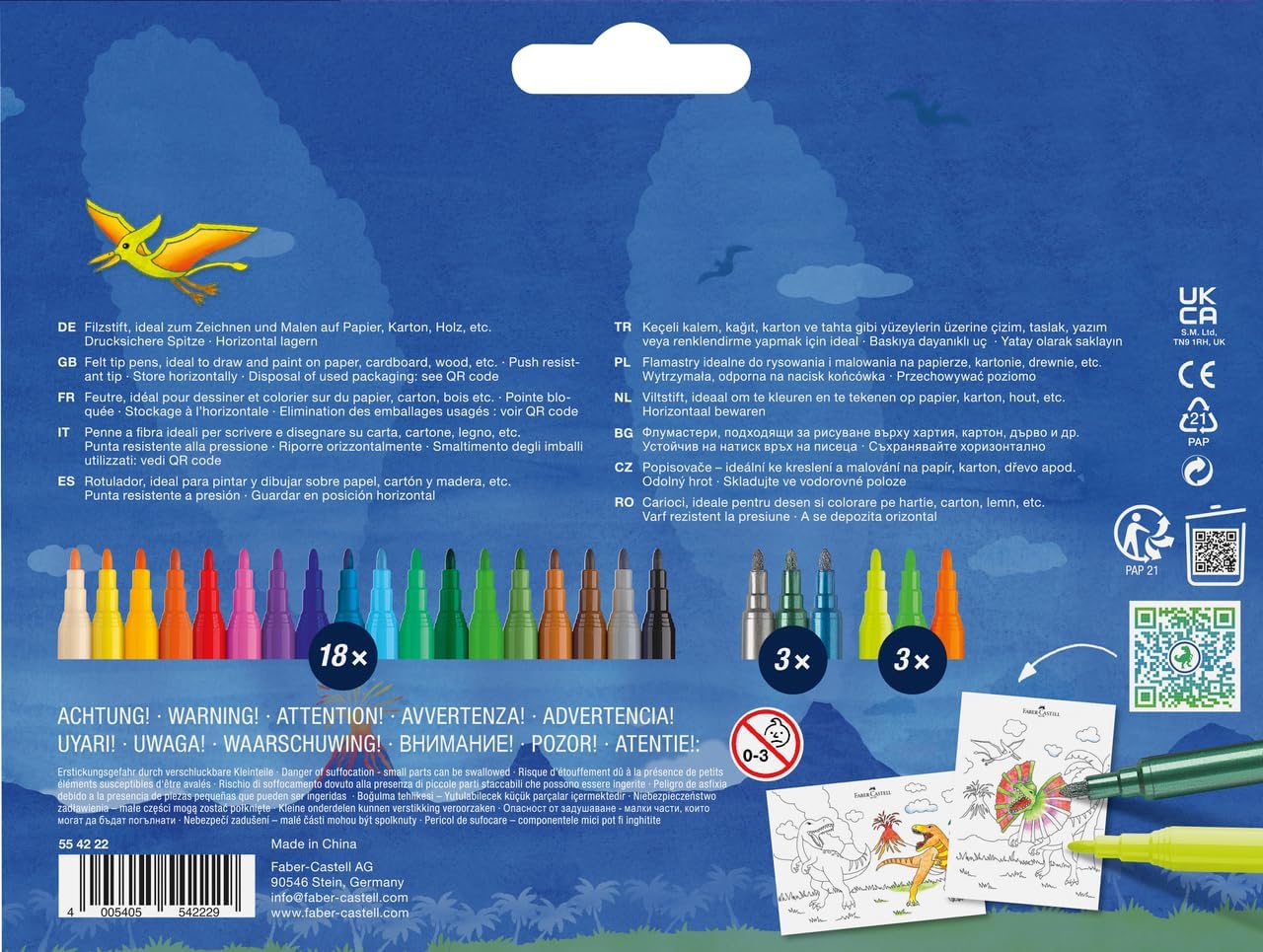 FABER-CASTELL 554222 - Dino Felt Pen Set, 24 Felt Tip Pens in Standard and Pastel Colours