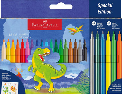 FABER-CASTELL 554222 - Dino Felt Pen Set, 24 Felt Tip Pens in Standard and Pastel Colours