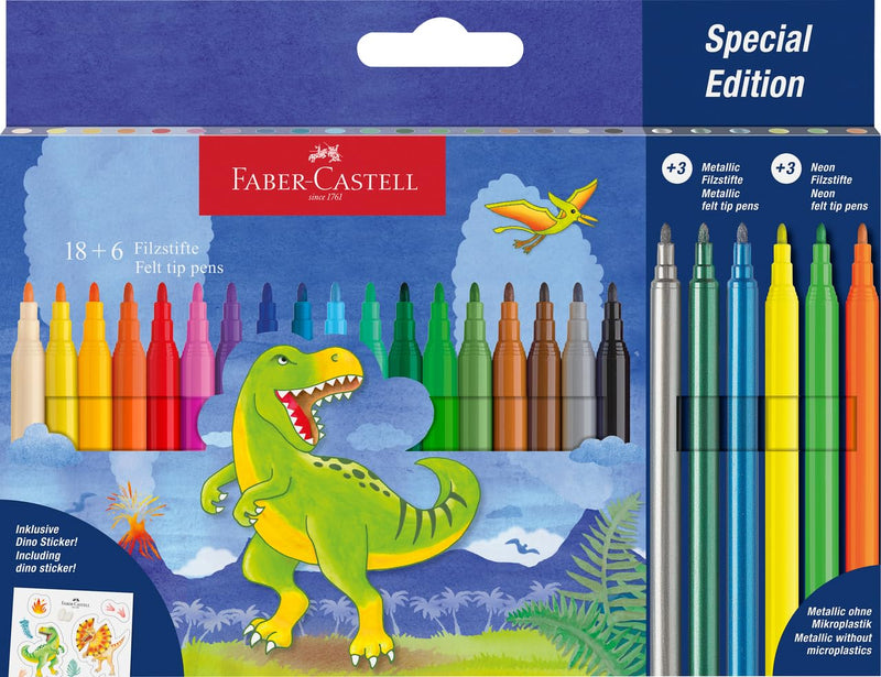 FABER-CASTELL 554222 - Dino Felt Pen Set, 24 Felt Tip Pens in Standard and Pastel Colours