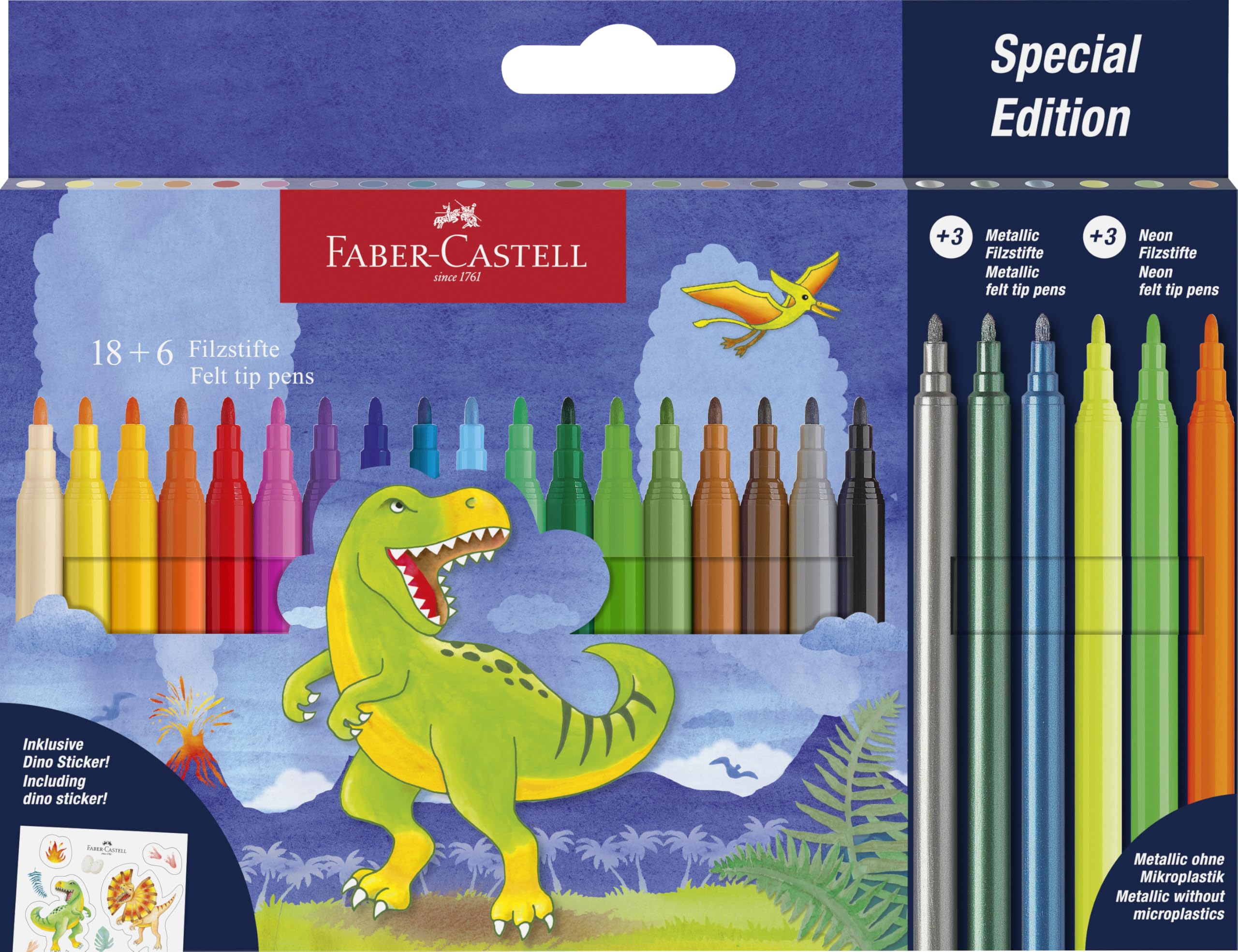 FABER-CASTELL 554222 - Dino Felt Pen Set, 24 Felt Tip Pens in Standard and Pastel Colours