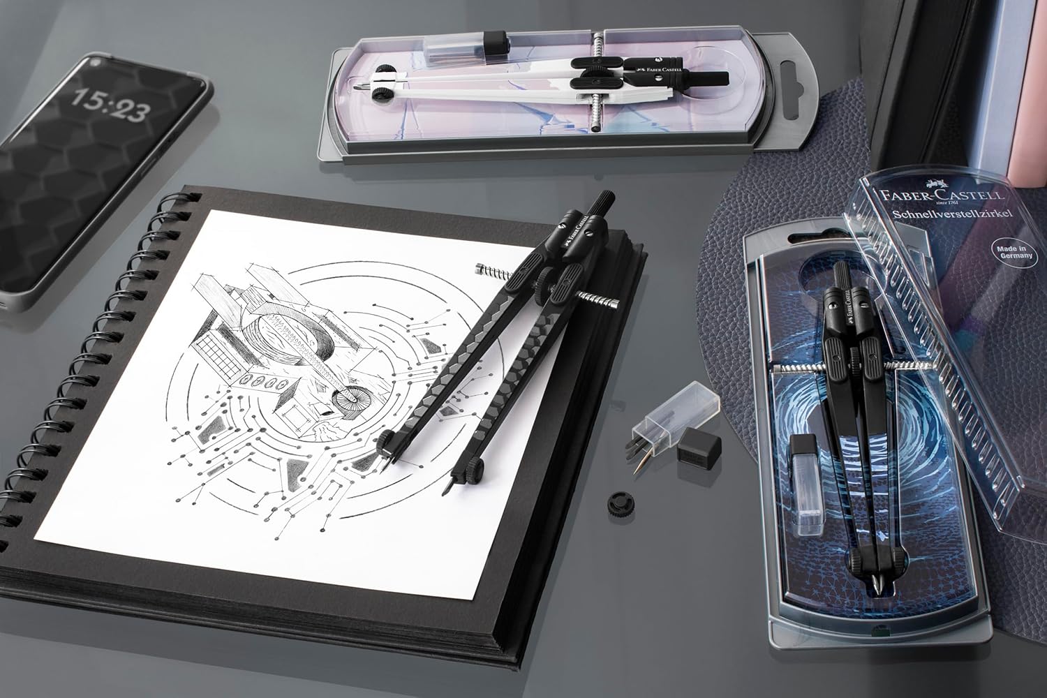 Faber-Castell 574454 - Brújula de ajuste rápido Shiny Twist, incl. recambios y minas de brújula