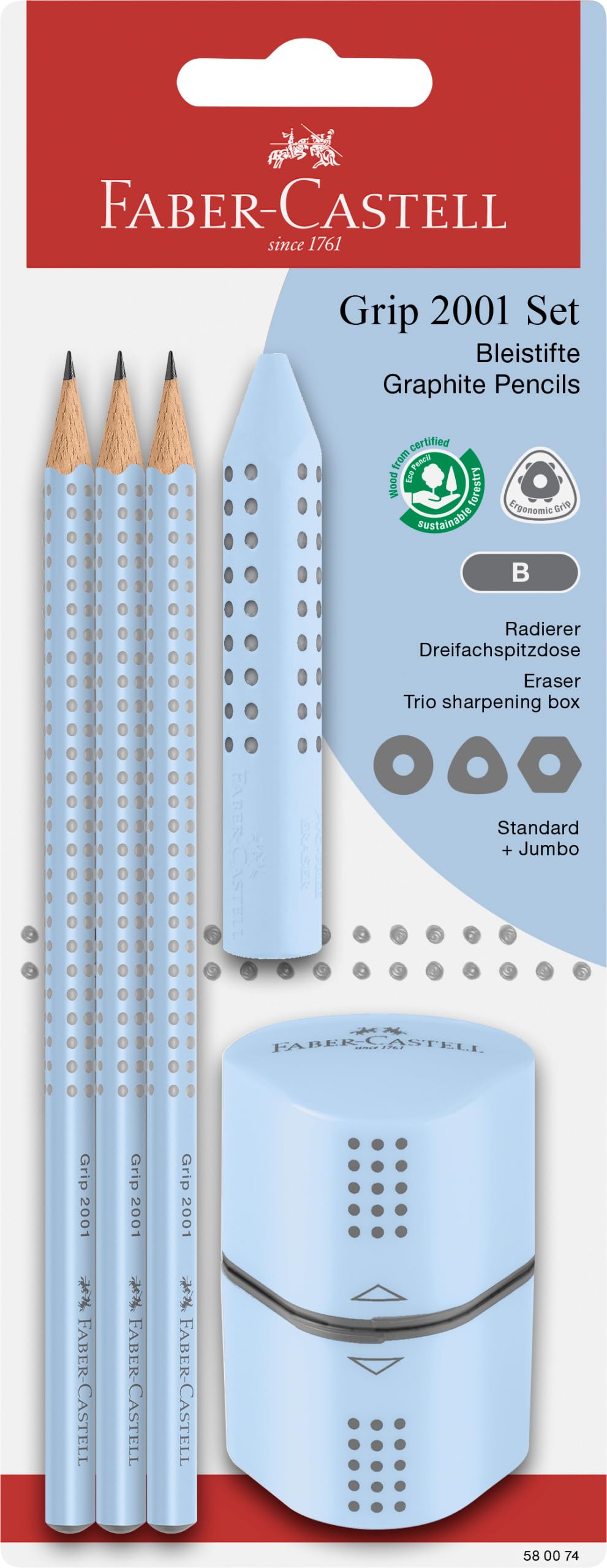 Fabe-Castell 580074 Grip Pencil Set, Sky Blue, with Sharpener and Eraser, 5-Piece Writing Set