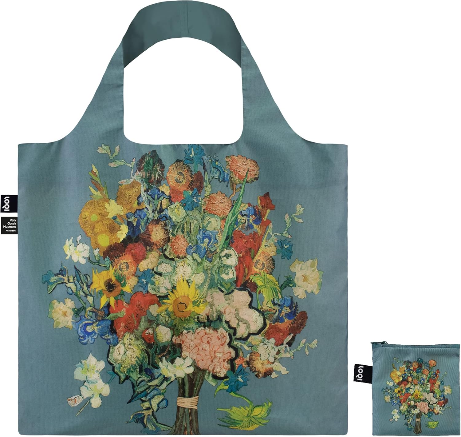 LOQI Vincent Van Gogh - VGM 50th Anniversary Bouquet/Flower Pattern Blue Canvas Recycled Bag